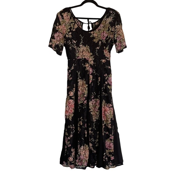 Olivia Dresses & Skirts - Olivia Black Floral Lace Midi Dress Short Sleeve Tie Back Pink Green Large